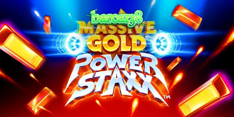 Tampilan visual futuristik slot Massive Gold Power Staxx dengan elemen emas dan neon.
